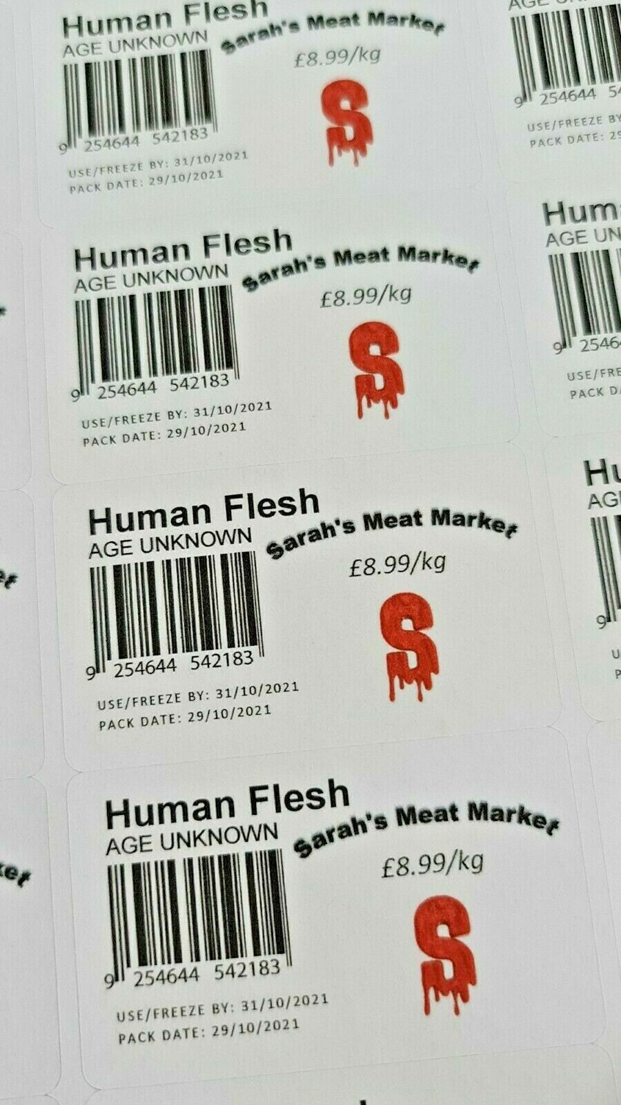 42 x Personalised Halloween Human Flesh Meat Packing Labels Joke Party Prank