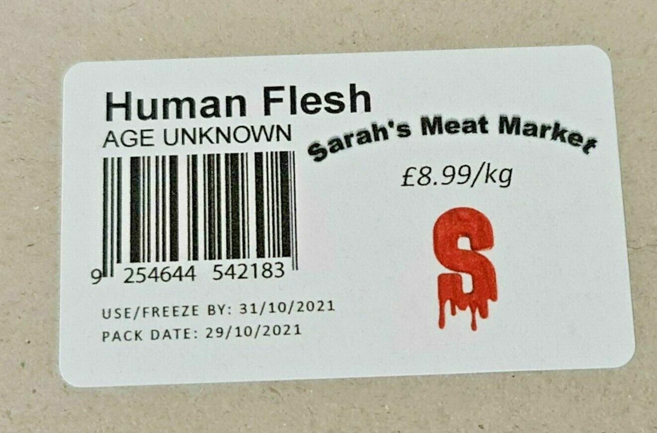 42 x Personalised Halloween Human Flesh Meat Packing Labels Joke Party Prank