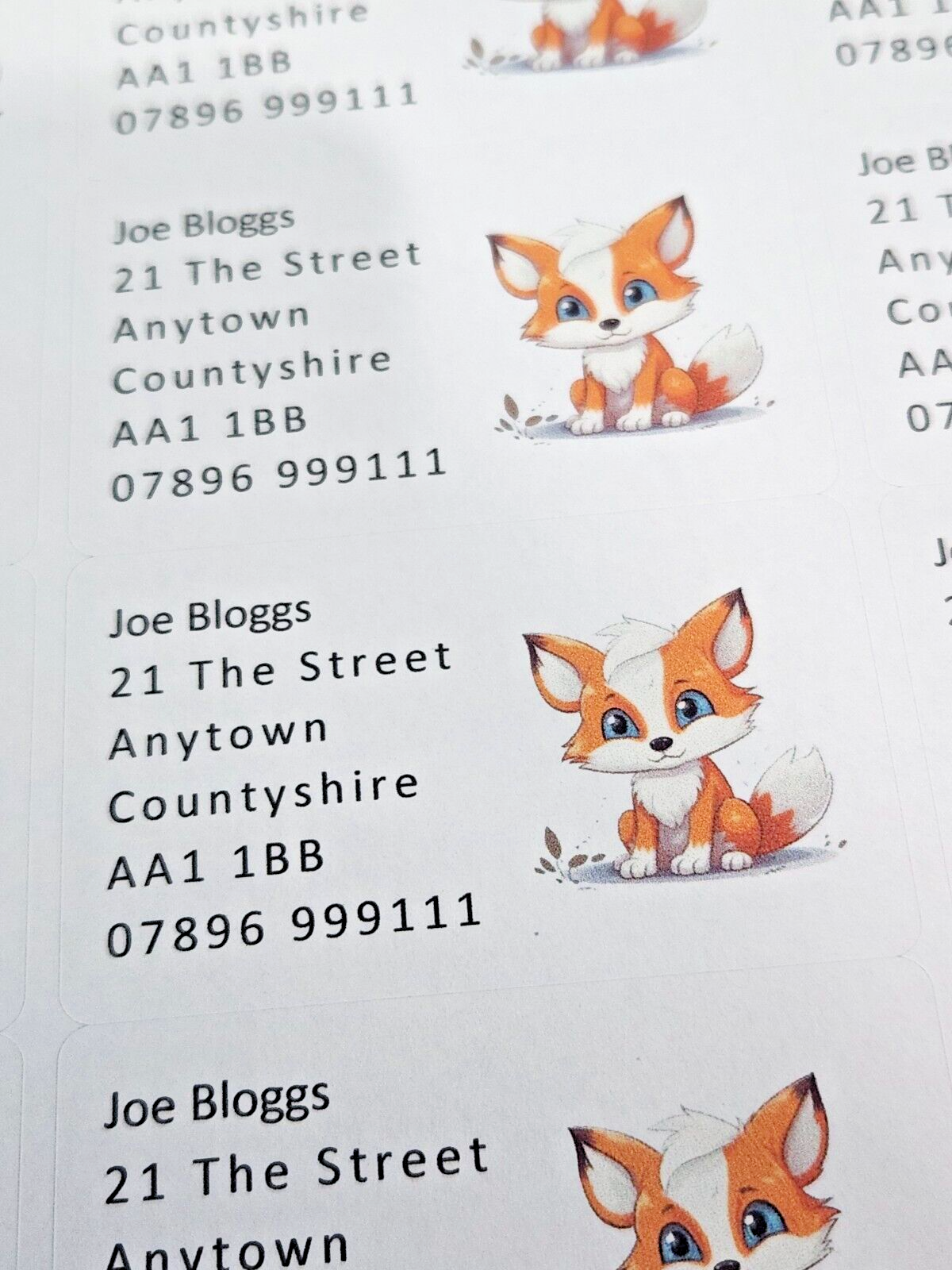 84 x Cute Baby Animals - Fox Kit Personalised Name & Address Labels Stickers