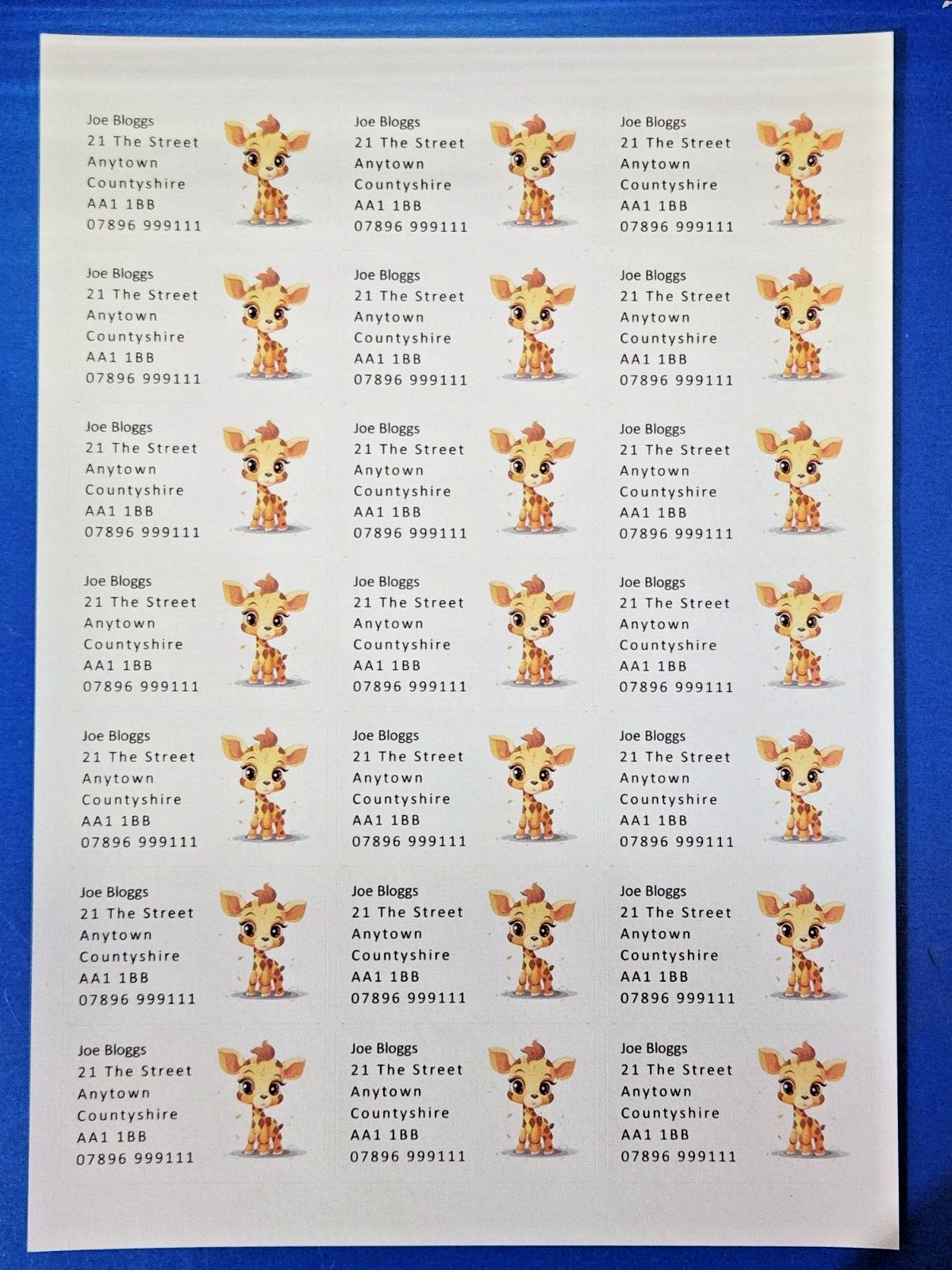 84 x Cute Baby Animals Giraffe Calf Personalised Name & Address Labels Stickers