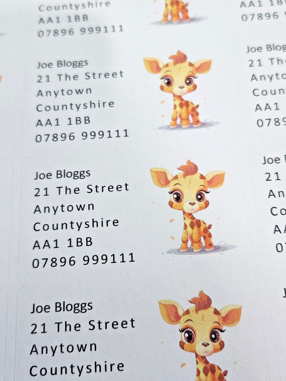 84 x Cute Baby Animals Giraffe Calf Personalised Name & Address Labels Stickers