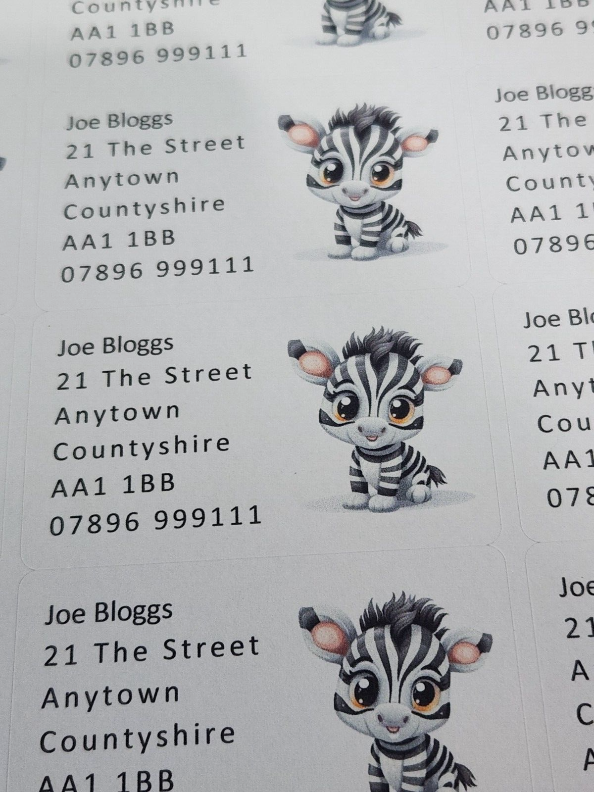 84 x Cute Baby Animals - Zebra Foal Personalised Name & Address Labels Stickers