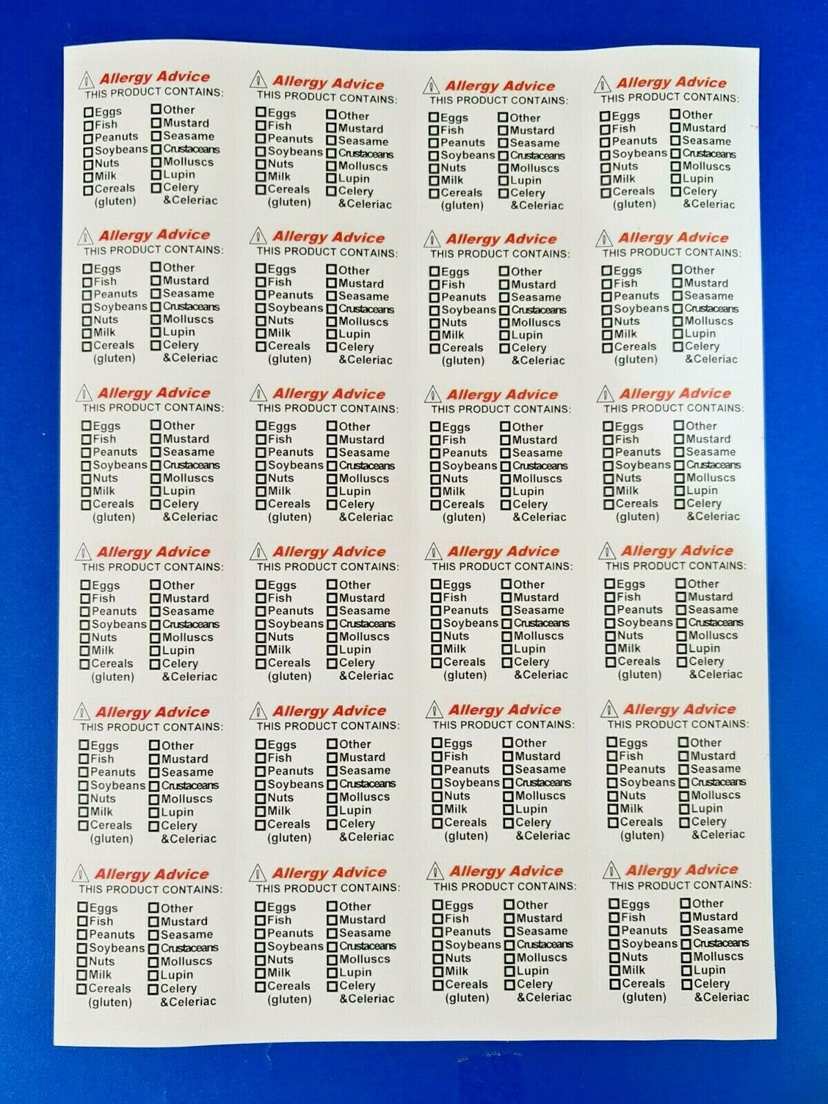 96 x Allergy Allergen Advice Warning Stickers Sticky Labels Laser Printed