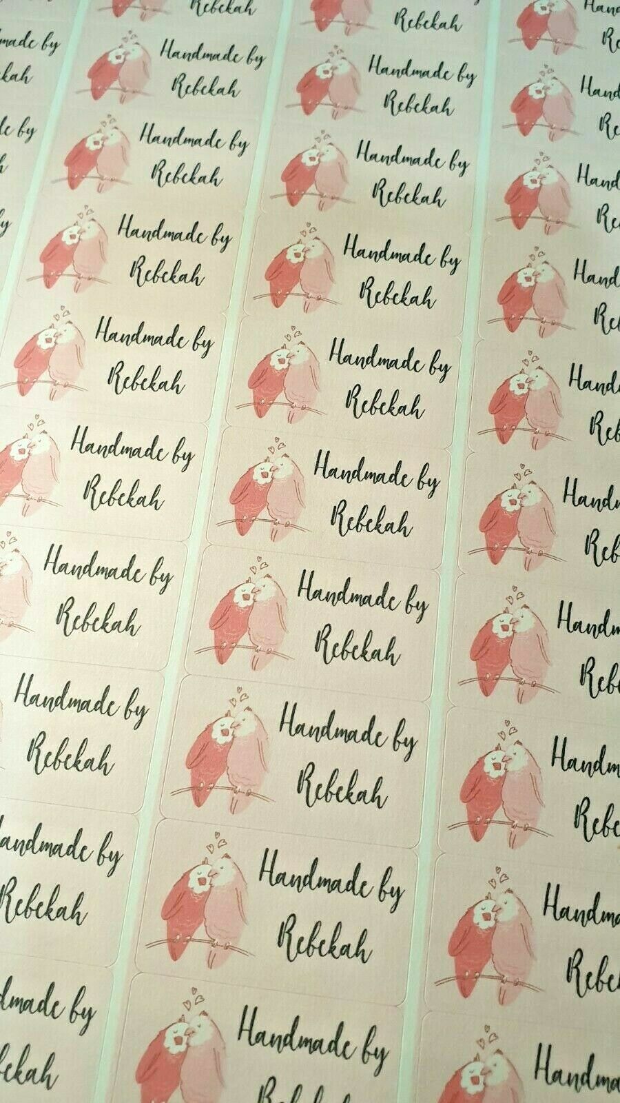 325 x Hand Made Handmade by Craft Labels Pink Love Birds Matte Labels Stickers