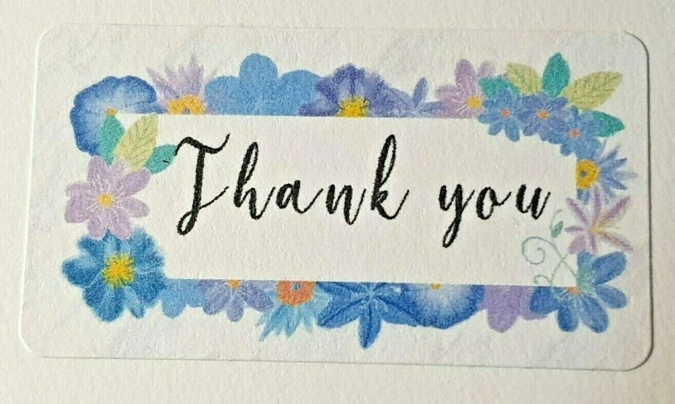 325 x Thank You Sticky Labels Blue Floral Flowers Matte Labels Stickers T1
