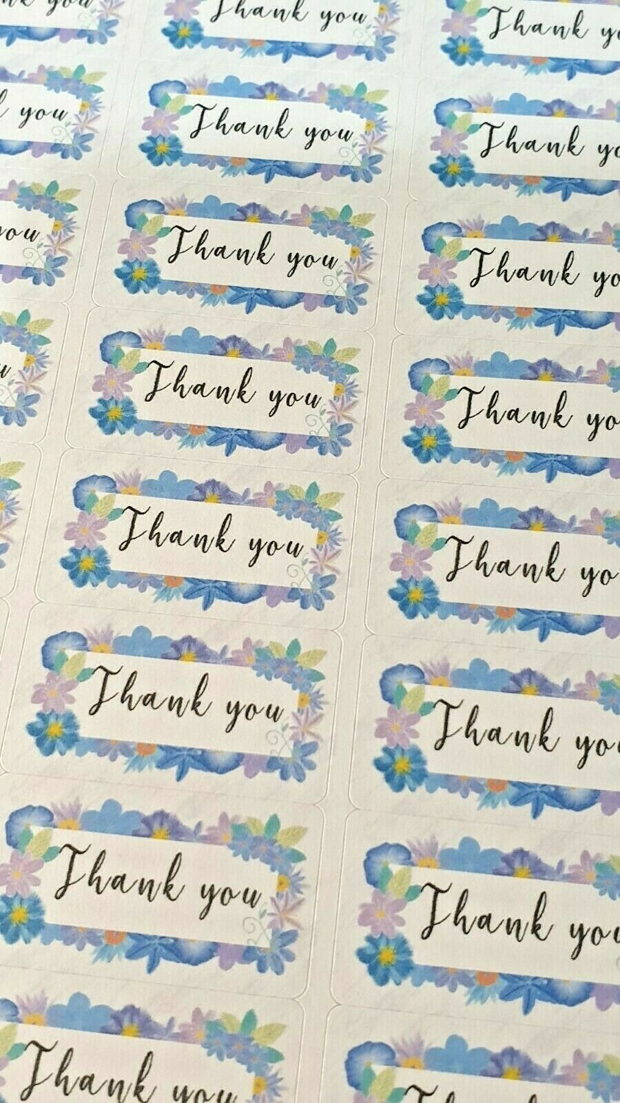 325 x Thank You Sticky Labels Blue Floral Flowers Matte Labels Stickers T1