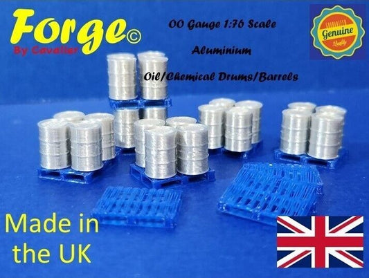 Oil Drum Barrels OO Gauge Aluminium 24 Pack + 10 Chep Blue Pallets Model Railway