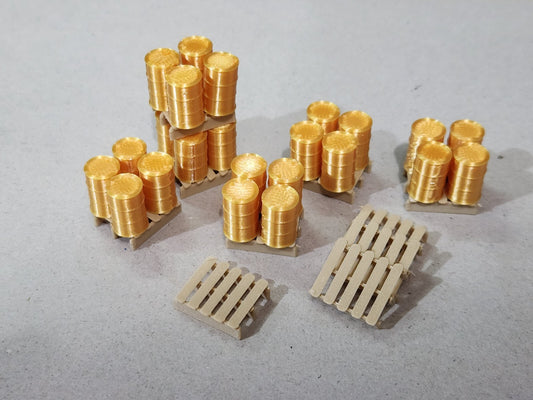 Oil Drum Barrels OO Gauge Gold 24 Pack + 10 wood colour Pallets Model Railway