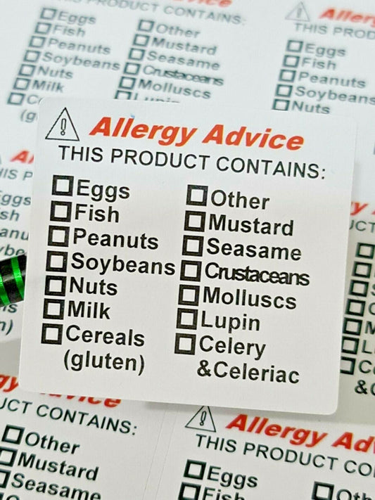 96 x Allergy Allergen Advice Warning Stickers Sticky Labels Laser Printed