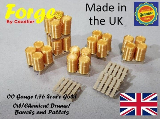Oil Drum Barrels OO Gauge Gold 24 Pack + 10 wood colour Pallets Model Railway