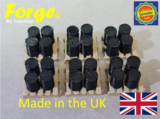 Oil Drum Barrels OO Gauge New Black 24 Pack + 6 Pallets 1:76 Scale Model Railway